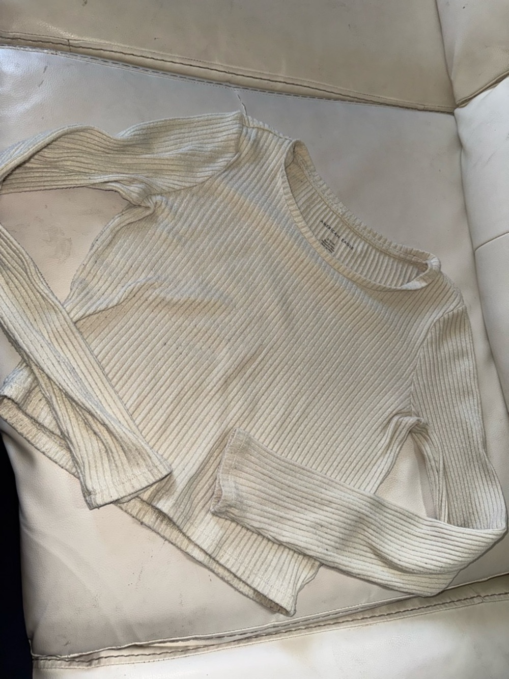 American Eagle soft Ribbed Long Sleeve Crewneck Top - Cream